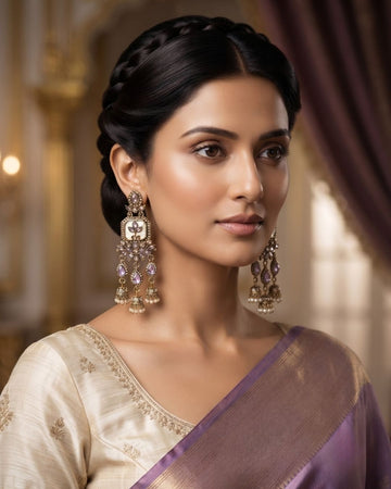 Noor Jharokha Antique Gold Kundan Chandelier Earrings
