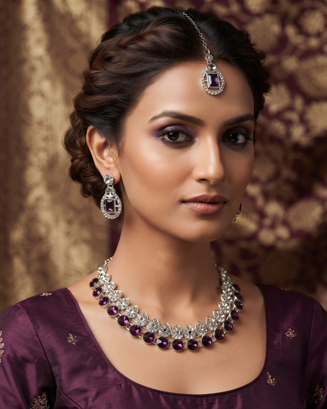 Royal Amethyst Purple Silver-Plated American Diamond Necklace & Earrings Set