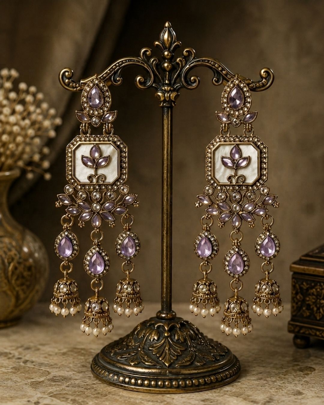 Noor Jharokha Antique Gold Kundan Chandelier Earrings