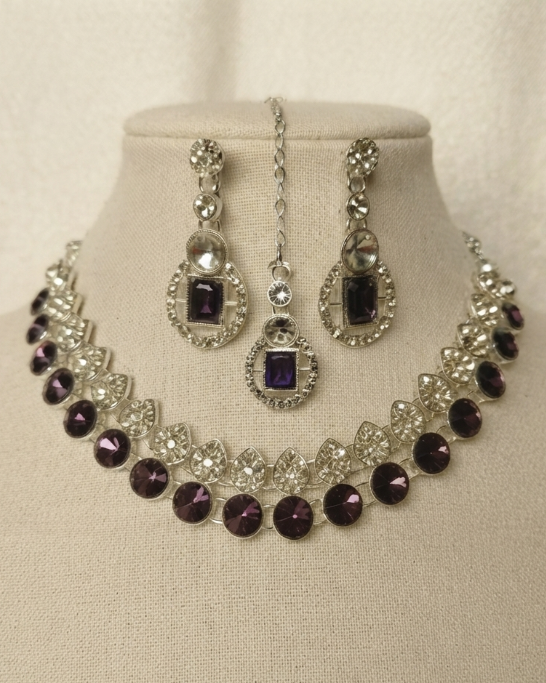 Royal Amethyst Purple Silver-Plated American Diamond Necklace & Earrings Set
