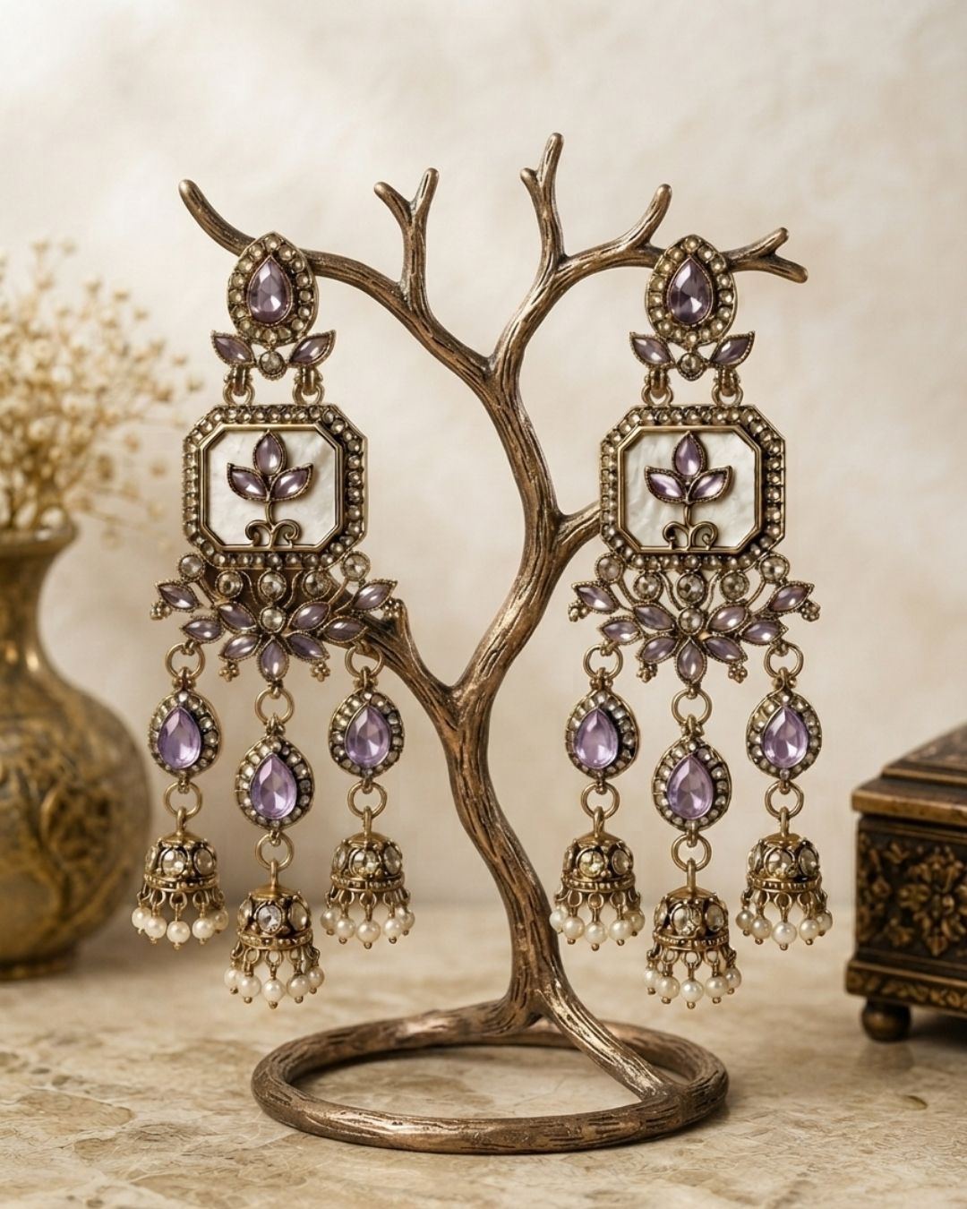 Noor Jharokha Antique Gold Kundan Chandelier Earrings