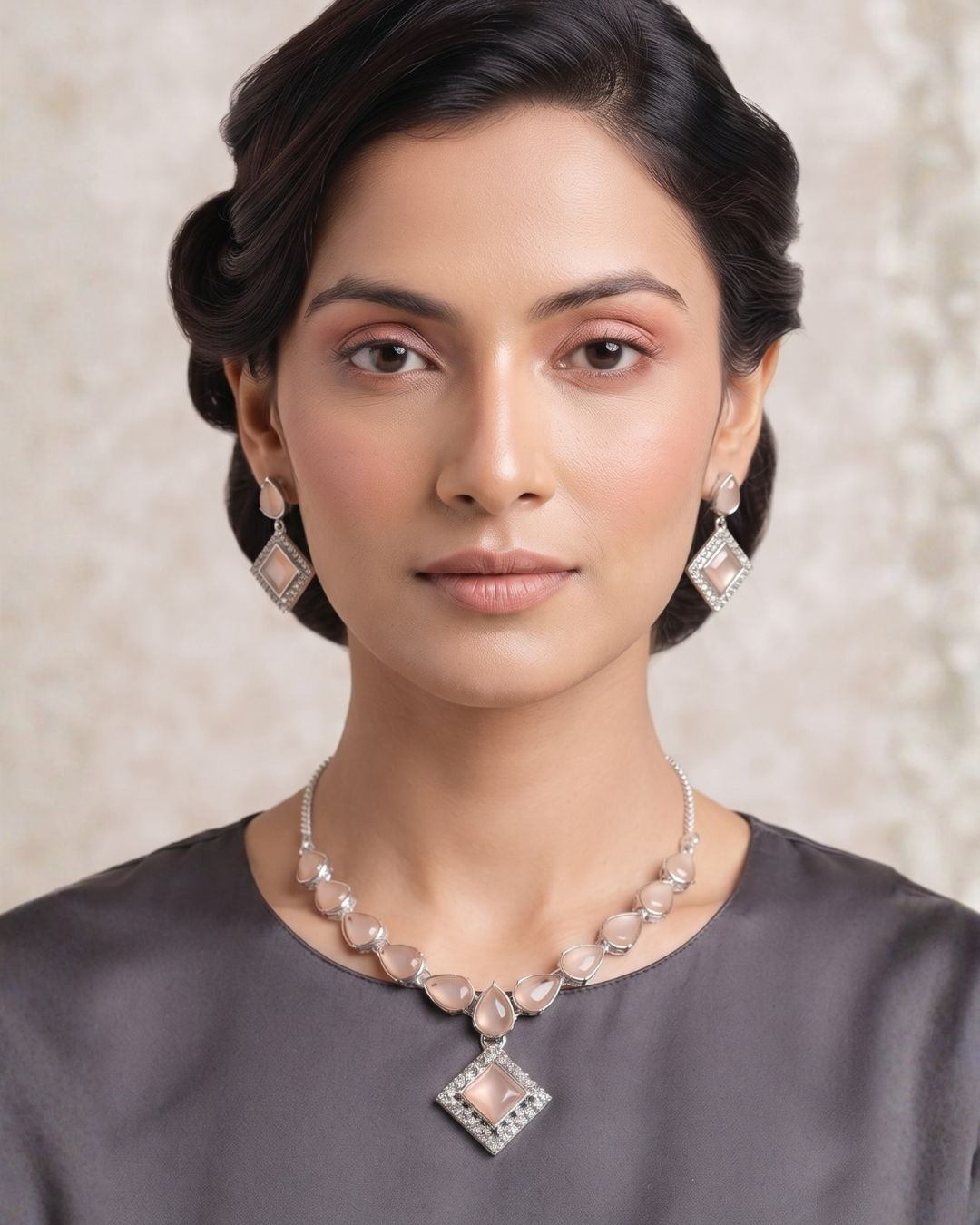 Elegant Rose Gold White Crystal Necklace & Earrings Set