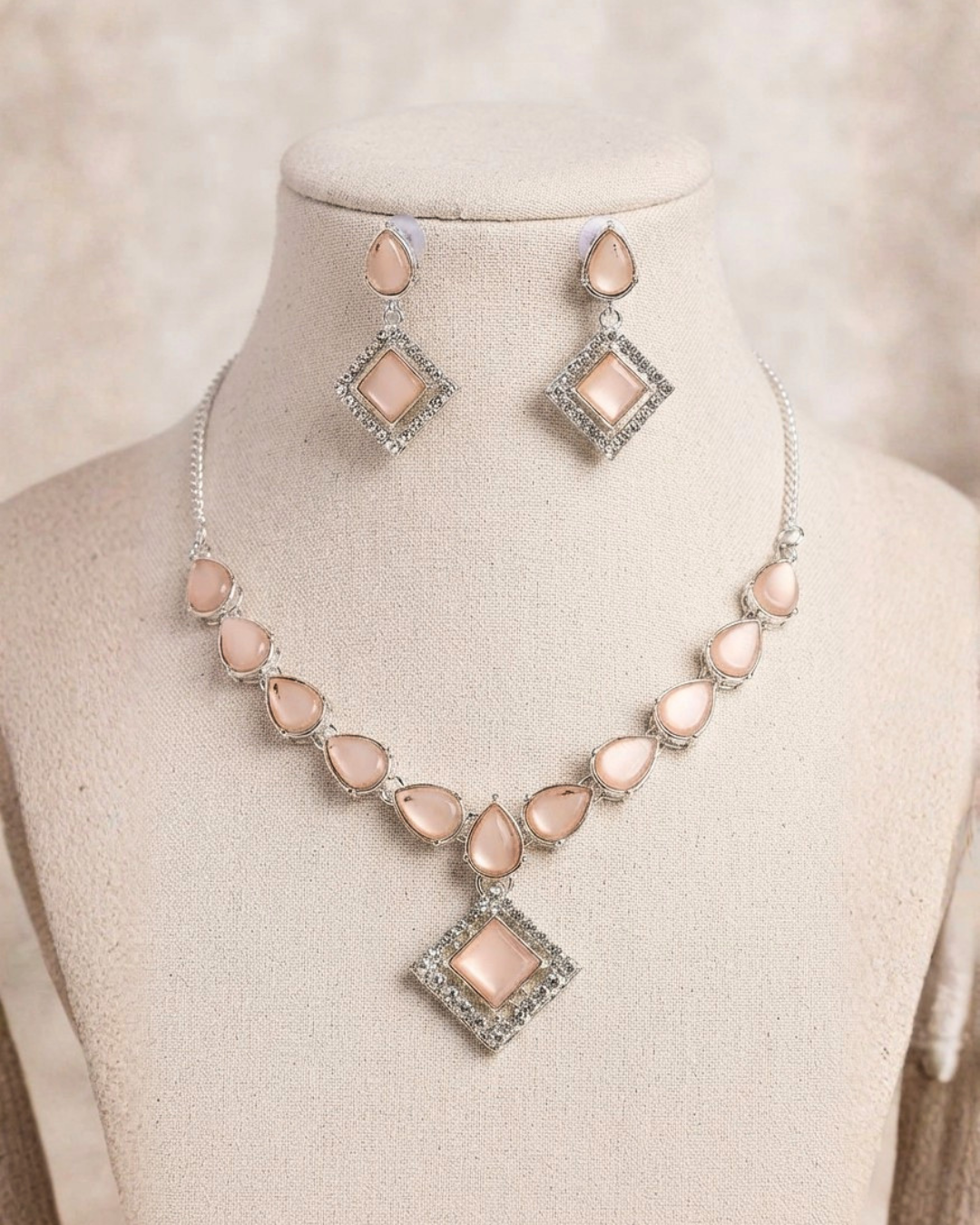 Elegant Rose Gold White Crystal Necklace & Earrings Set
