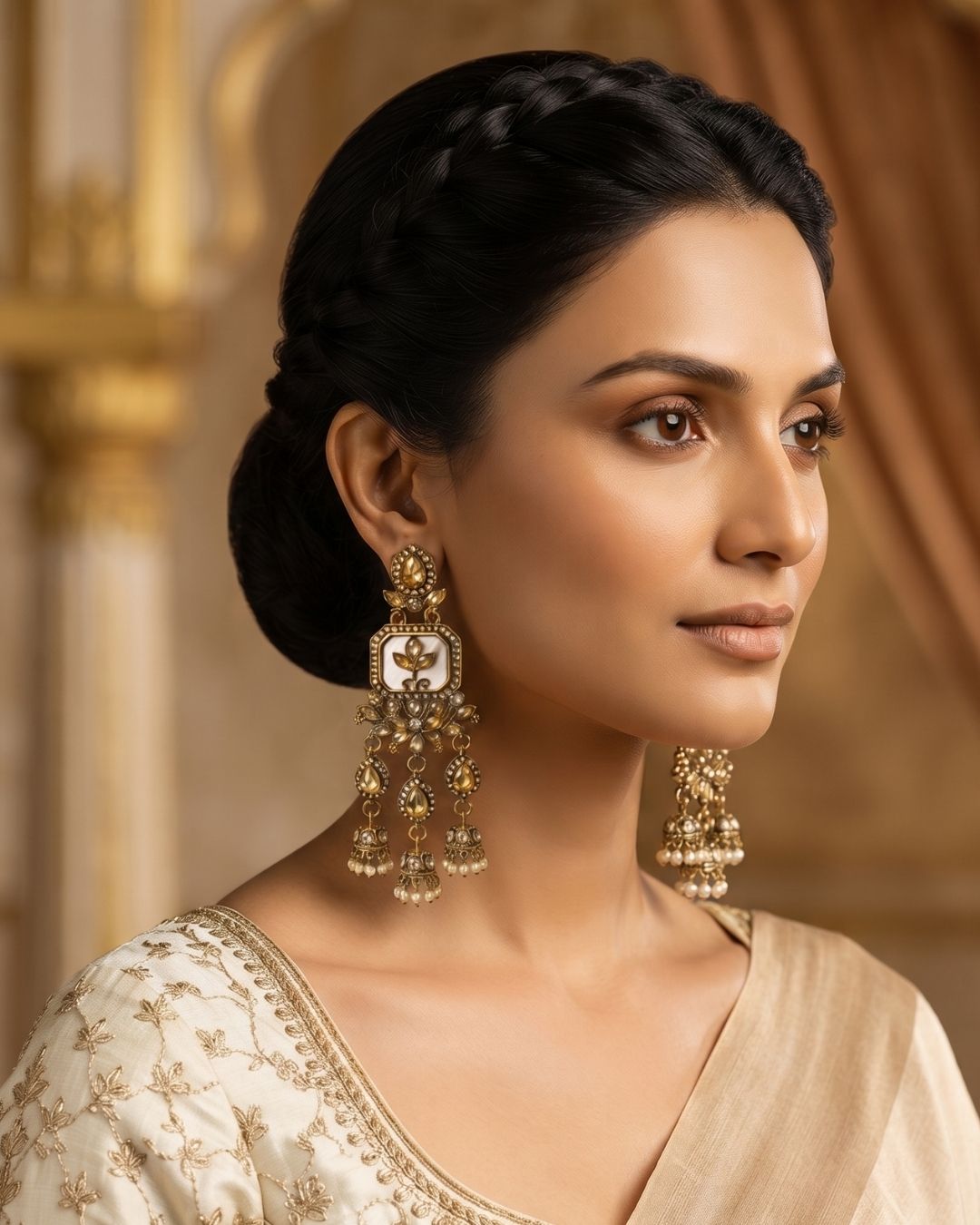 Noor Mahal Antique Gold & Pearl Floral Chandelier Earrings