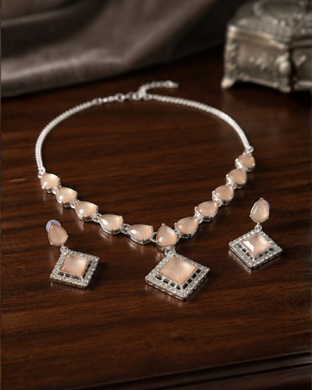 Elegant Rose Gold White Crystal Necklace & Earrings Set