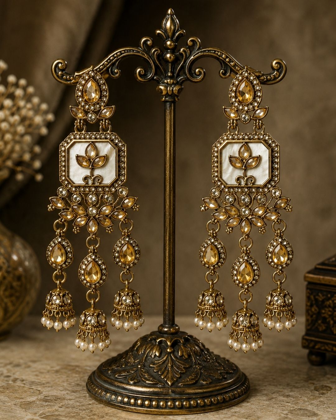 Noor Mahal Antique Gold & Pearl Floral Chandelier Earrings