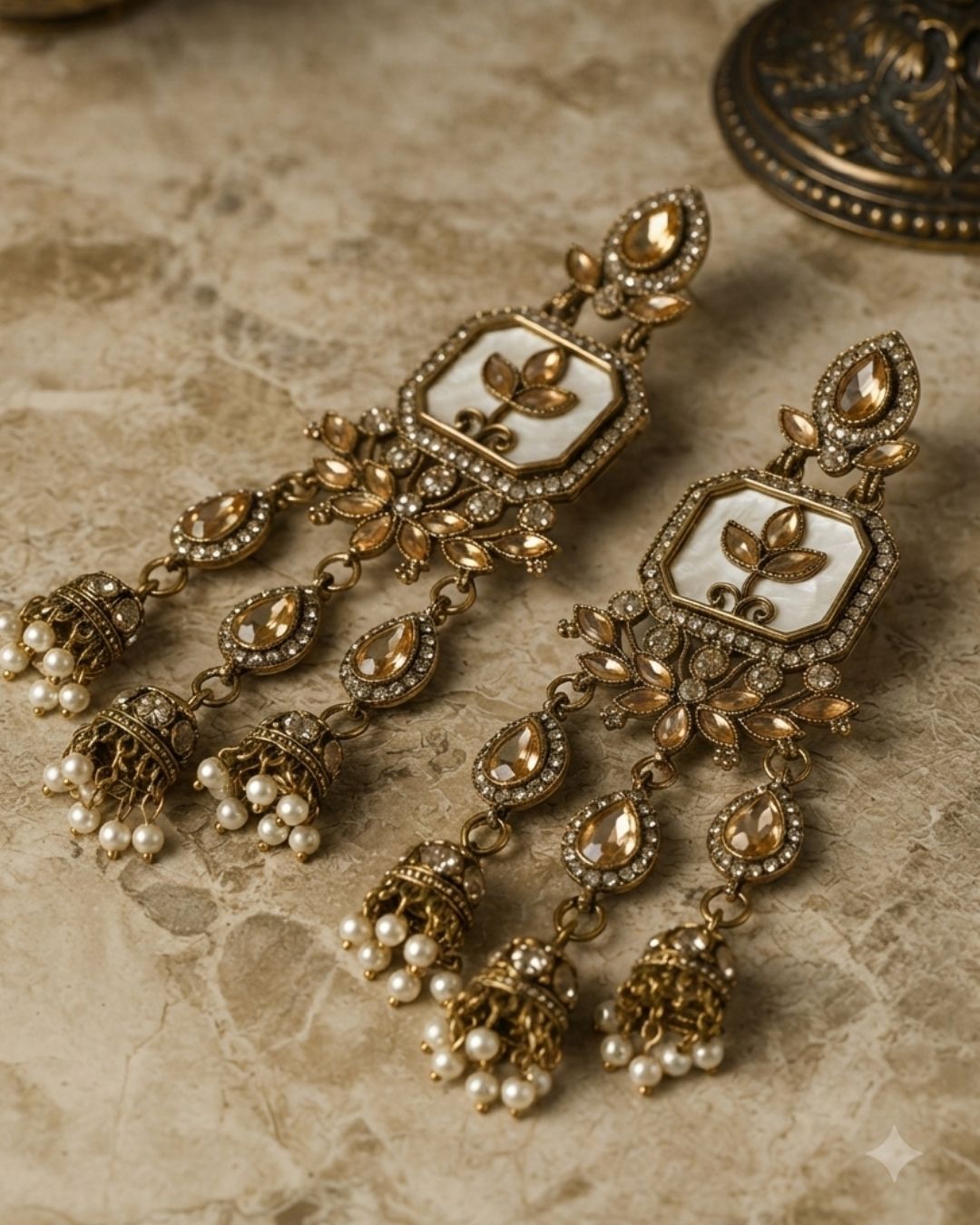 Noor Mahal Antique Gold & Pearl Floral Chandelier Earrings
