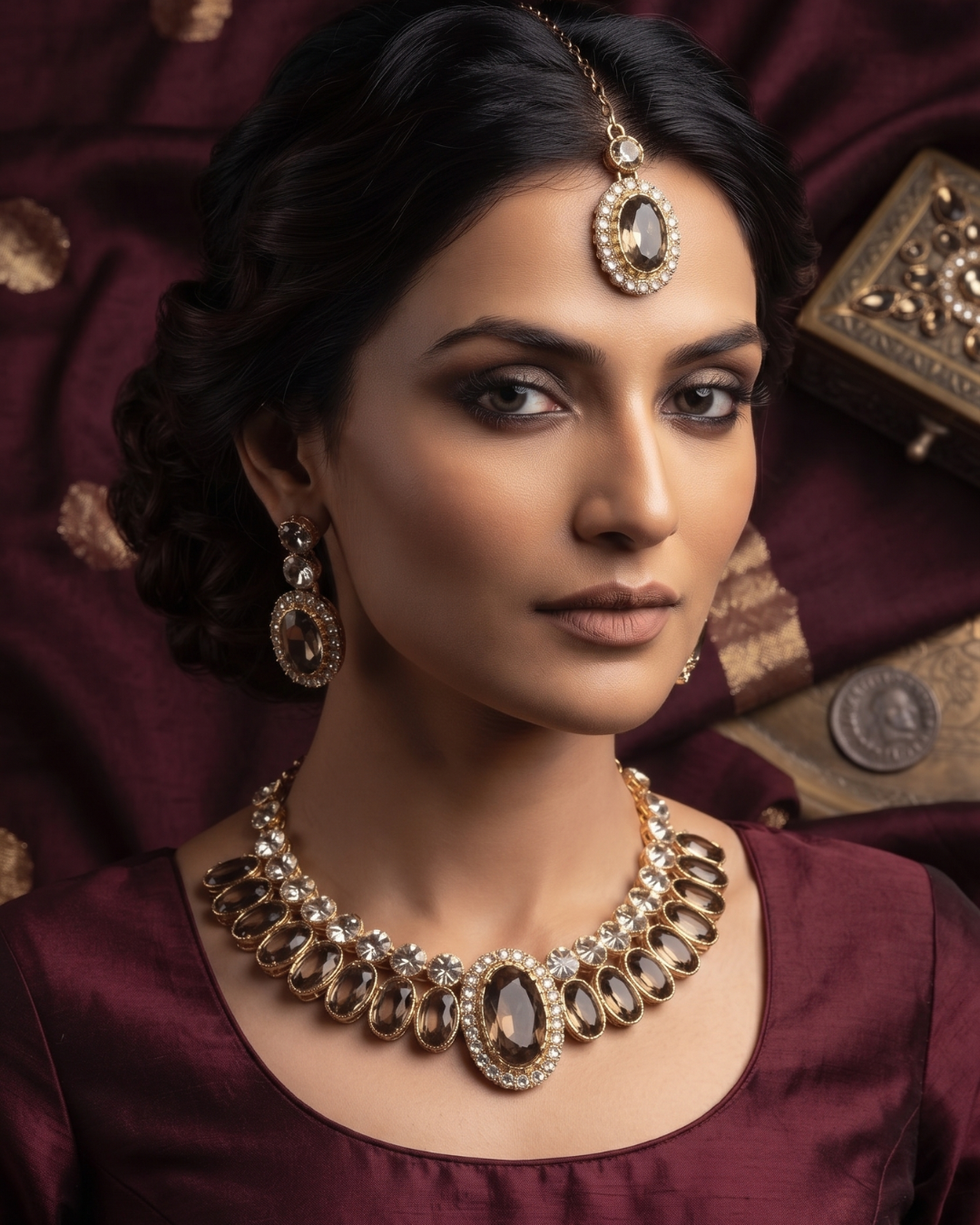 Royal Champagne Gold-Plated American Diamond Necklace & Earrings Set