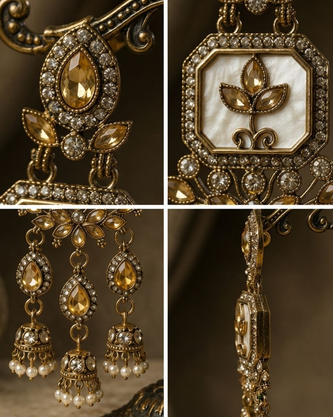 Noor Mahal Antique Gold & Pearl Floral Chandelier Earrings