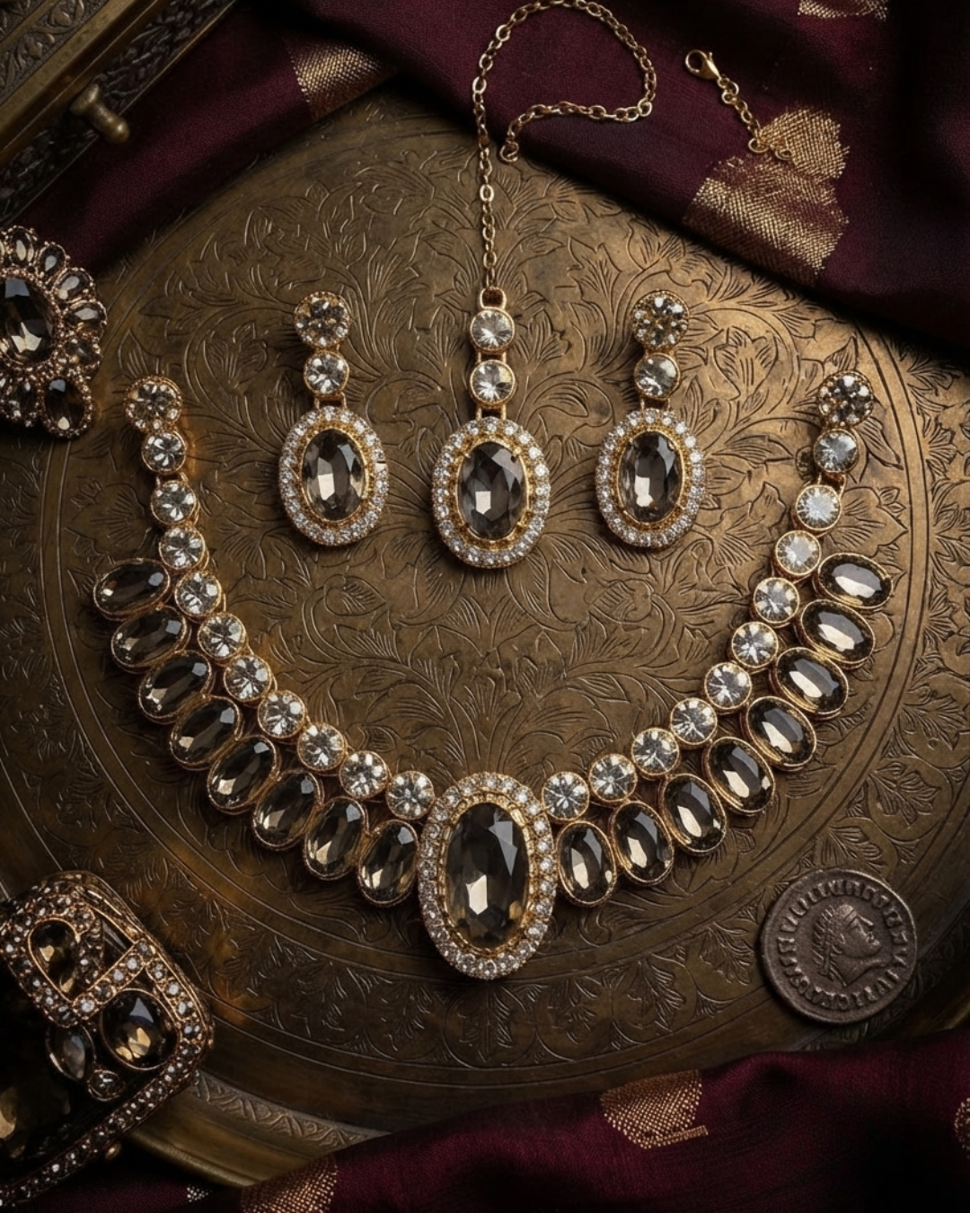 Royal Champagne Gold-Plated American Diamond Necklace & Earrings Set