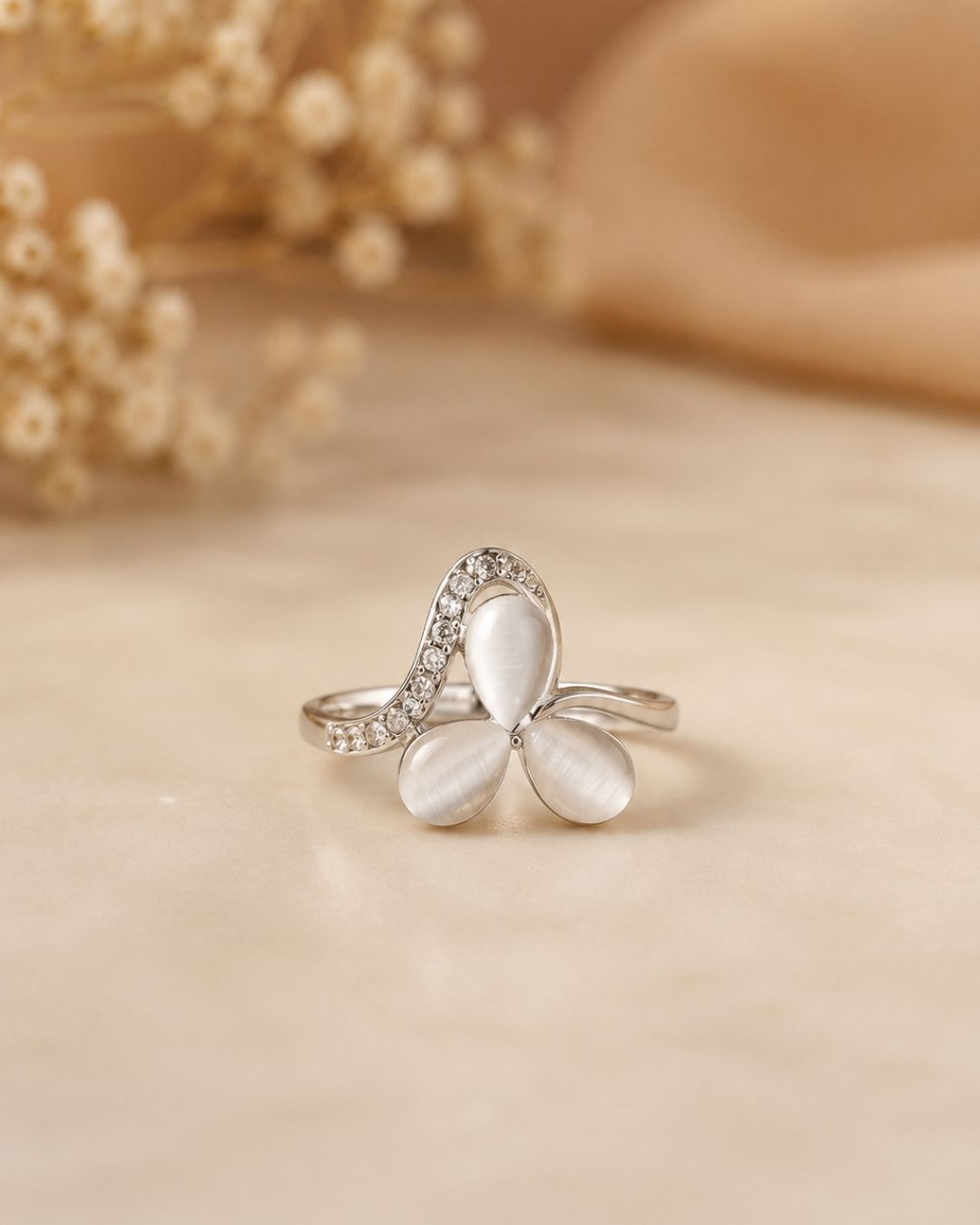 Silver-Plated Floral Pearl Statement Ring