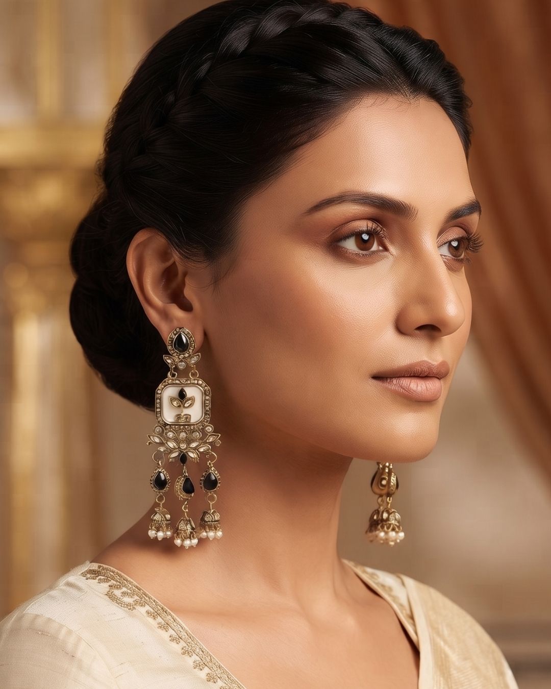 Noor Mahal Antique white & black Floral Chandelier Earrings