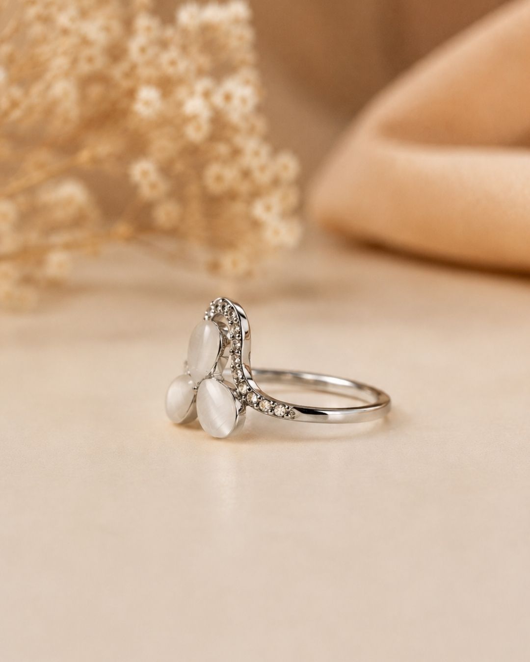 Silver-Plated Floral Pearl Statement Ring