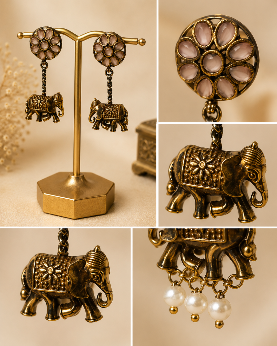 Royal Antique Gold Floral Elephant Charm Dangle Earrings