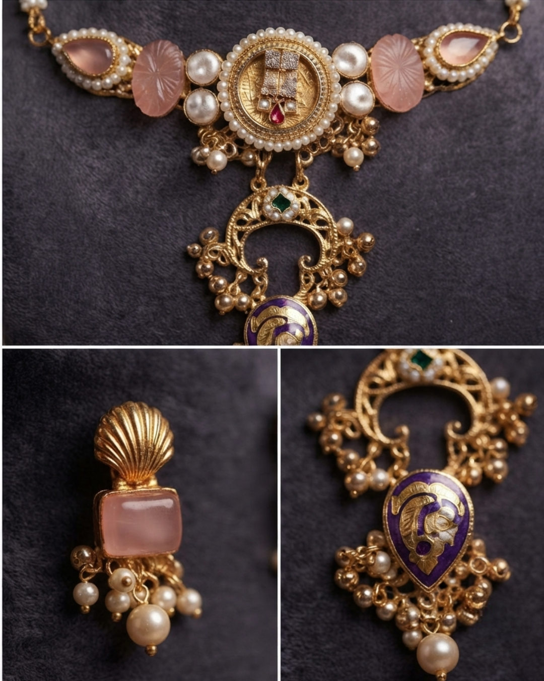 Blush Pink & Antique Gold Kundan Statement Necklace Set