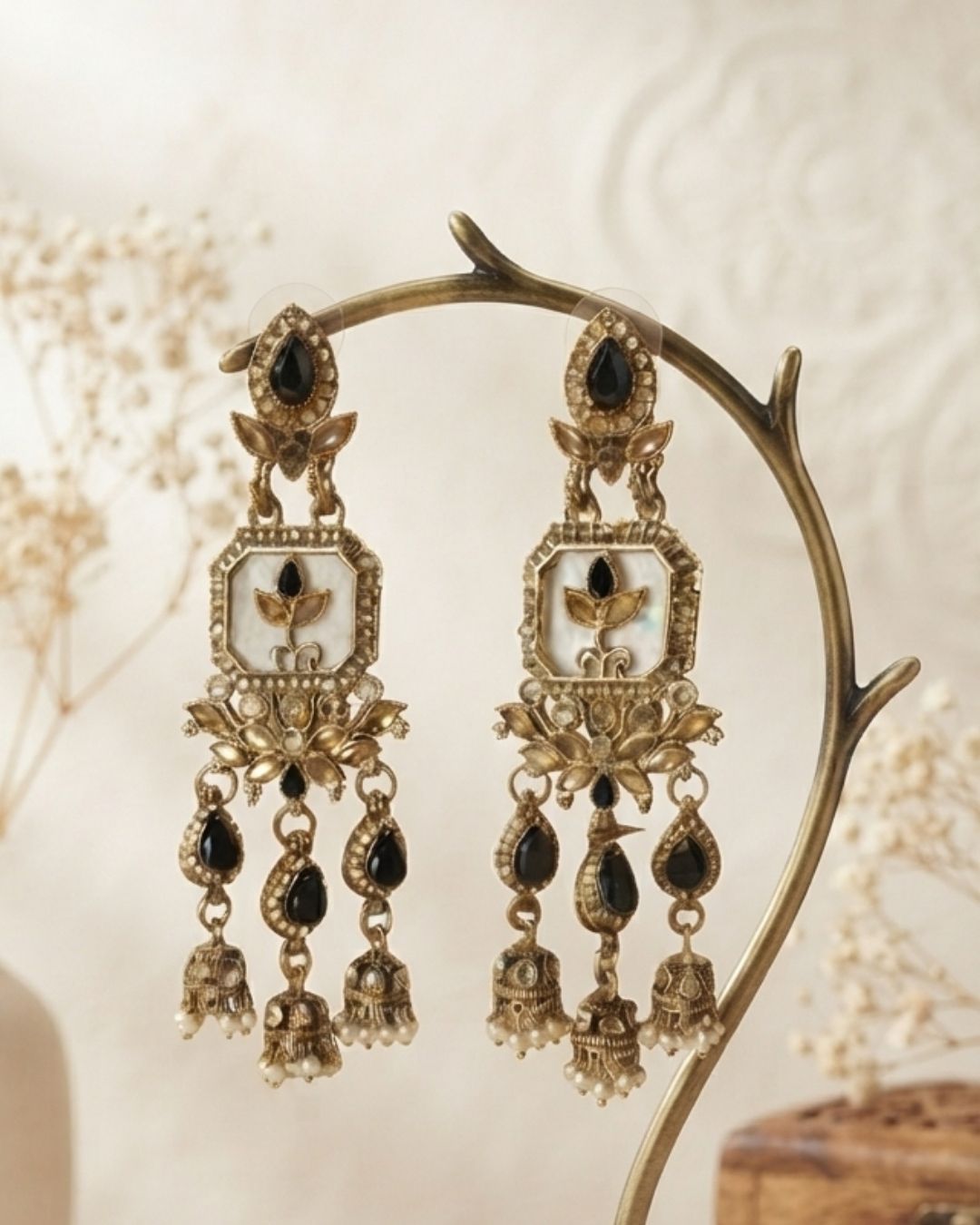 Noor Mahal Antique white & black Floral Chandelier Earrings