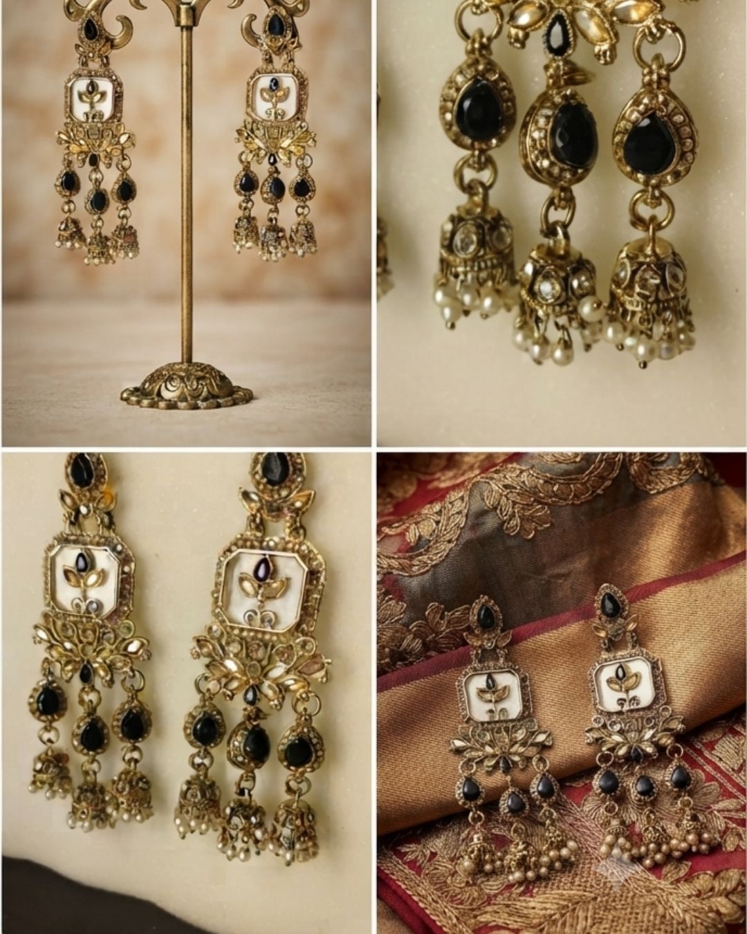 Noor Mahal Antique white & black Floral Chandelier Earrings