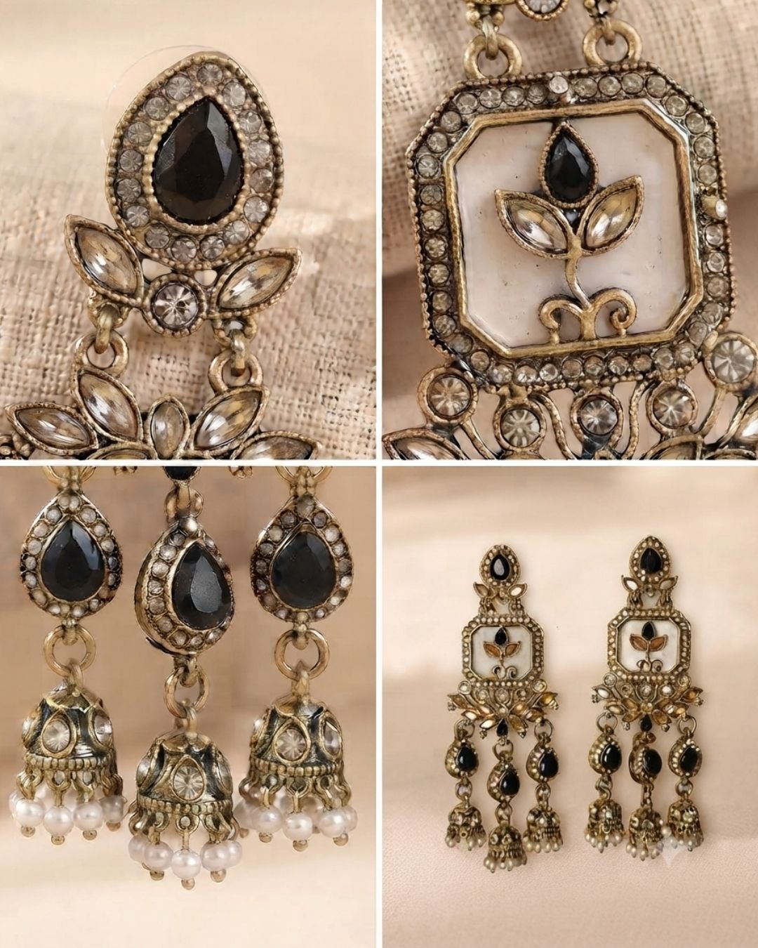 Noor Mahal Antique white & black Floral Chandelier Earrings