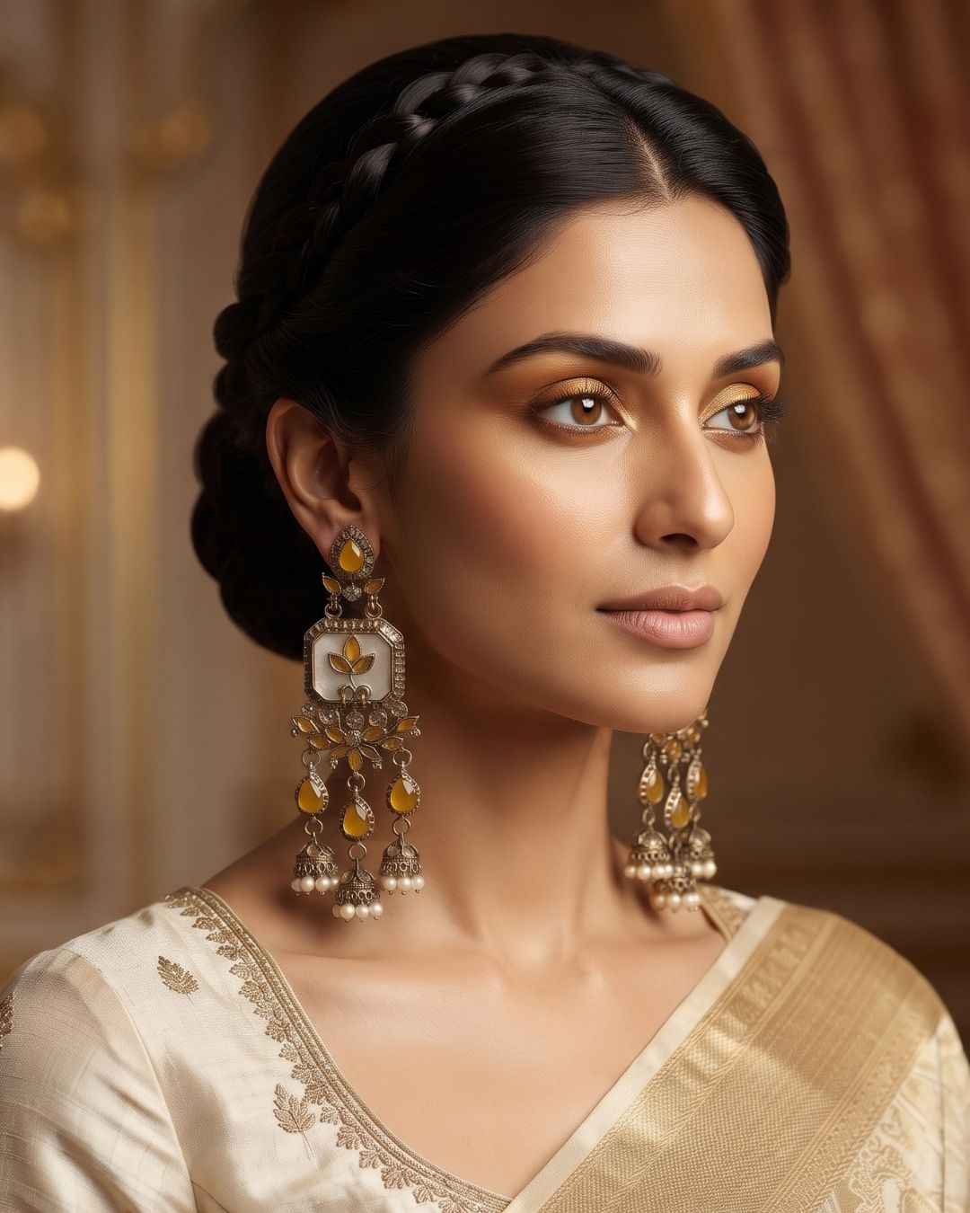 Noor Mahal Antique white & yellow Floral Chandelier Earrings