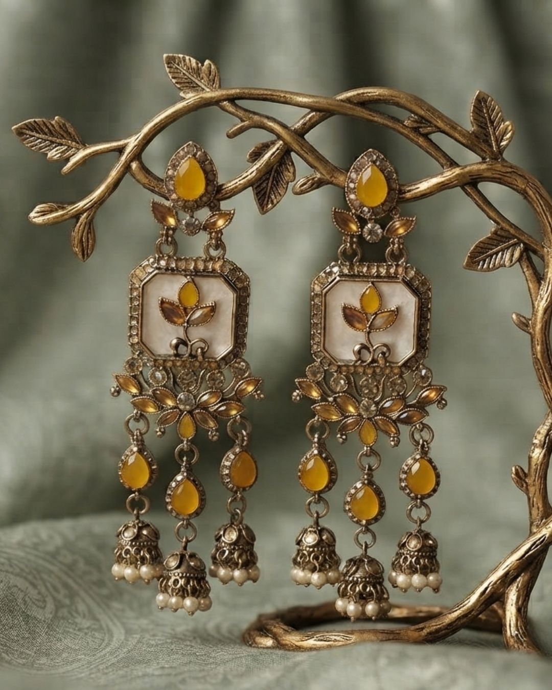 Noor Mahal Antique white & yellow Floral Chandelier Earrings