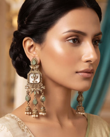 Noor Mahal Antique white & green Floral Chandelier Earrings