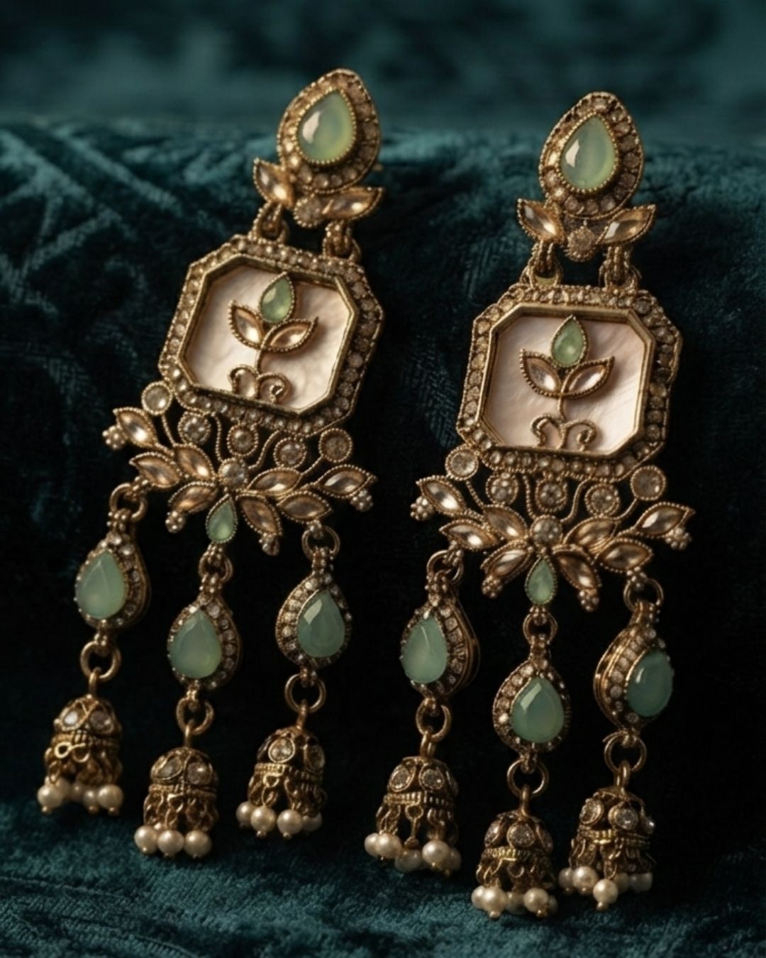 Noor Mahal Antique white & green Floral Chandelier Earrings