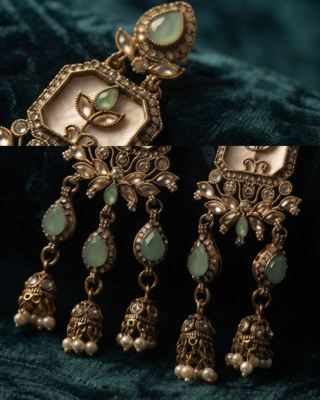 Noor Mahal Antique white & green Floral Chandelier Earrings
