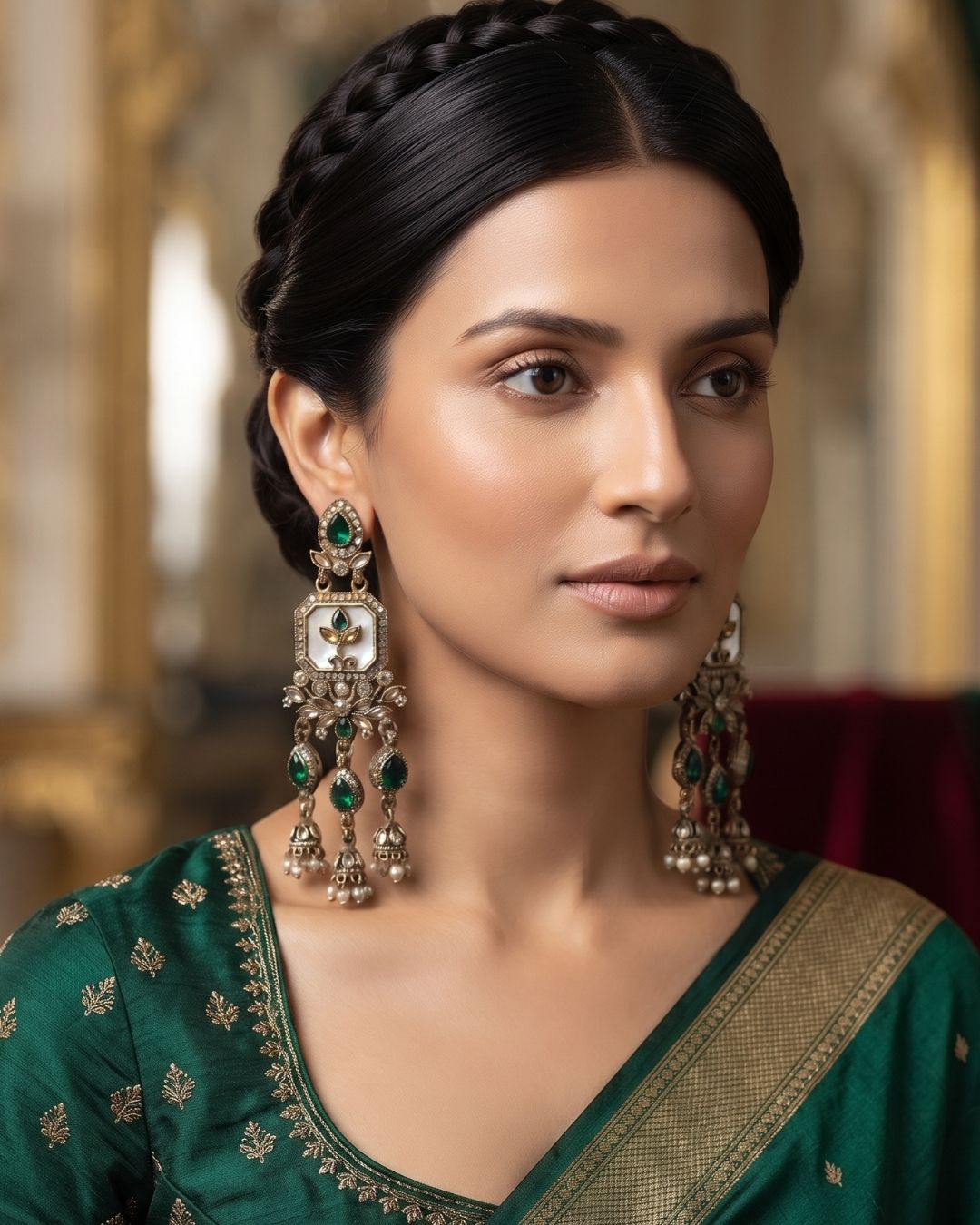Noor Mahal Antique white & dark green Floral Chandelier Earrings