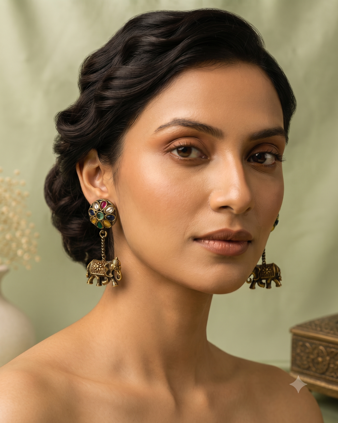 Royal Antique Gold Multicolor Stone Elephant Charm Dangle Earrings
