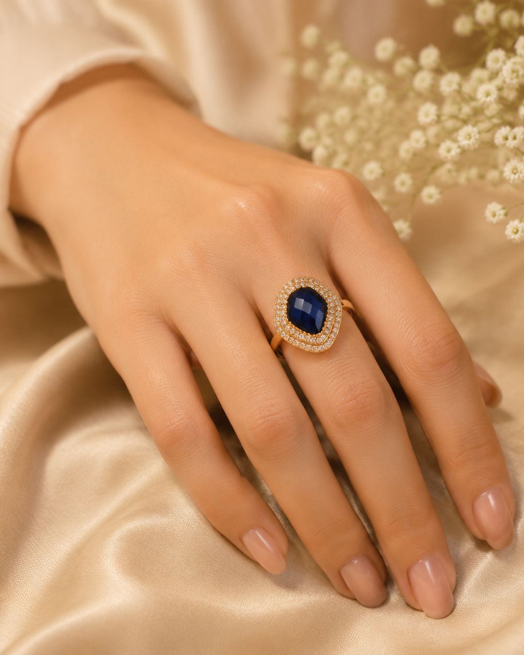 Royal Sapphire Blue Gold-Plated American Diamond Halo Ring