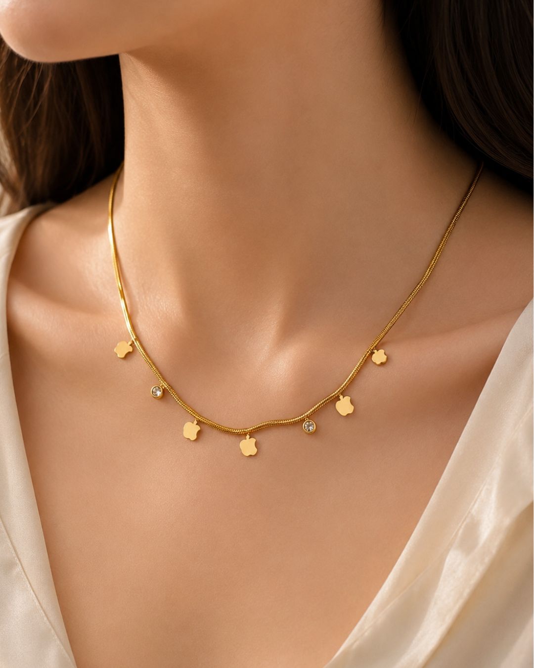 Gold-Plated Heart Charm Station Necklace
