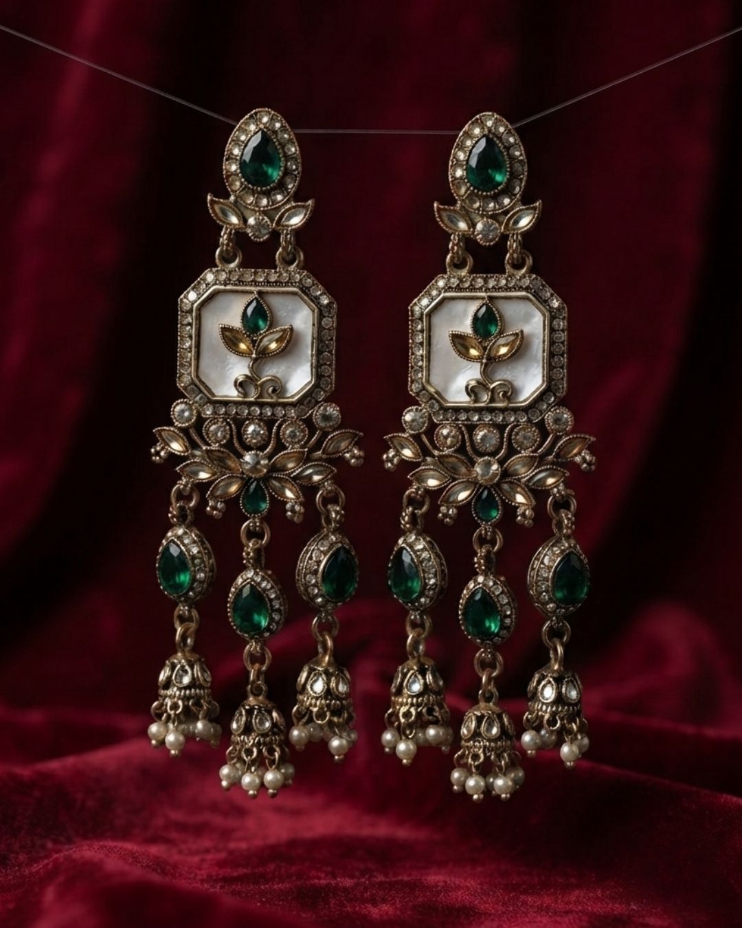 Noor Mahal Antique white & dark green Floral Chandelier Earrings