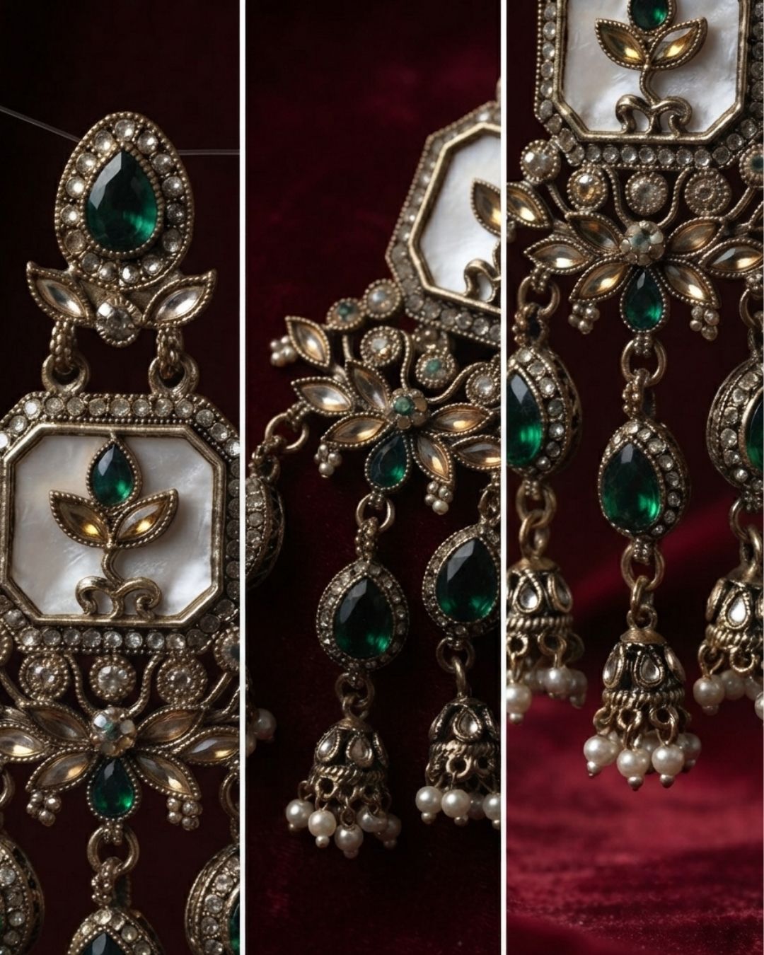 Noor Mahal Antique white & dark green Floral Chandelier Earrings