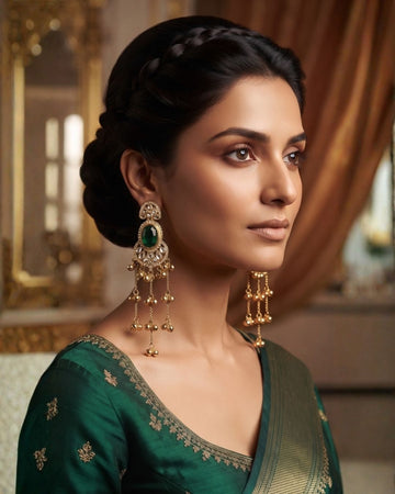Emerald Green & Gold Kundan Chandelier Earrings