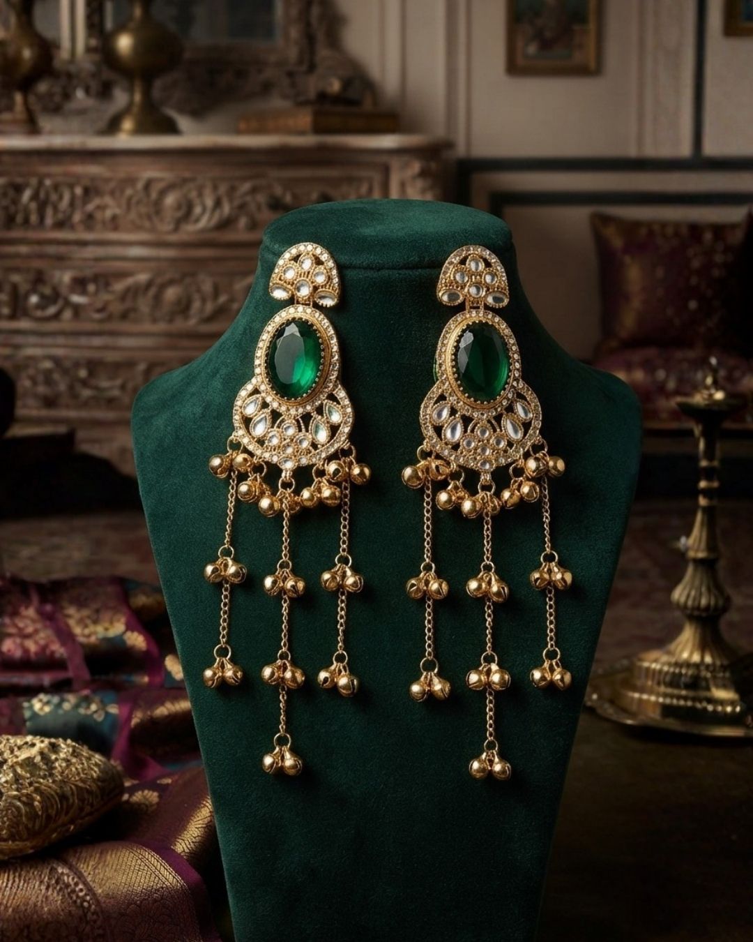 Emerald Green & Gold Kundan Chandelier Earrings