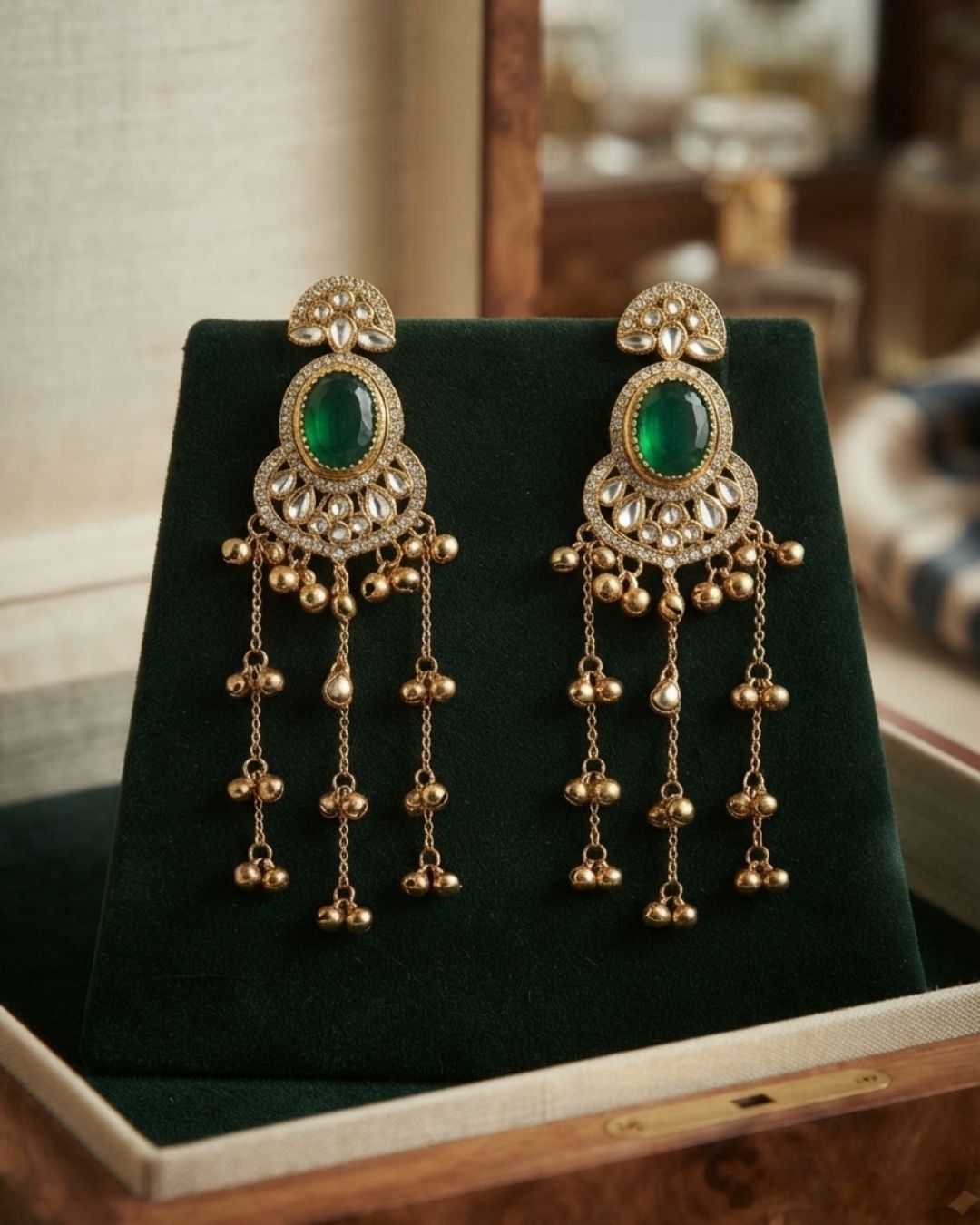 Emerald Green & Gold Kundan Chandelier Earrings