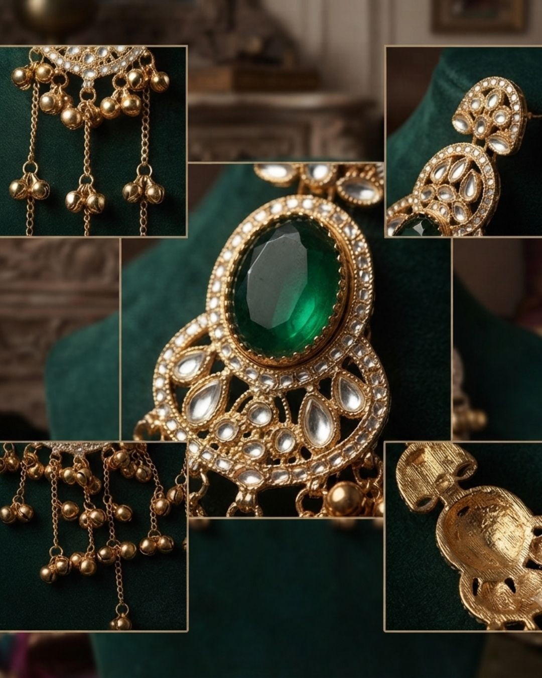 Emerald Green & Gold Kundan Chandelier Earrings