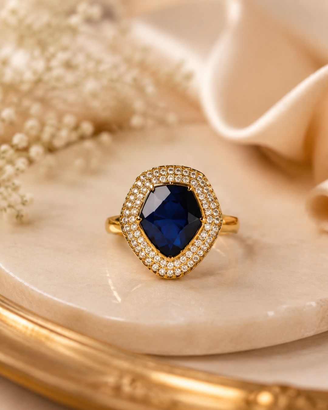 Royal Sapphire Blue Gold-Plated American Diamond Halo Ring
