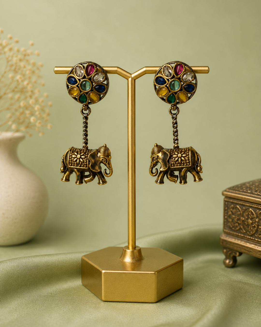 Royal Antique Gold Multicolor Stone Elephant Charm Dangle Earrings
