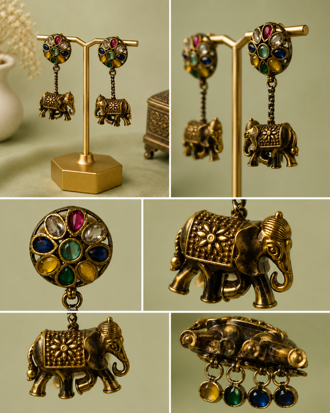 Royal Antique Gold Multicolor Stone Elephant Charm Dangle Earrings