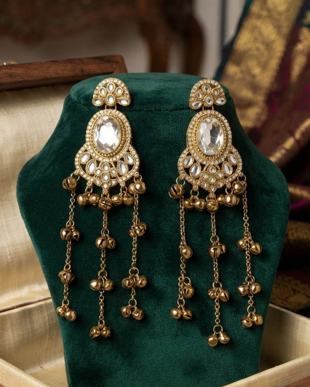 Emerald white & Antique Gold Pearl Tassel Earrings