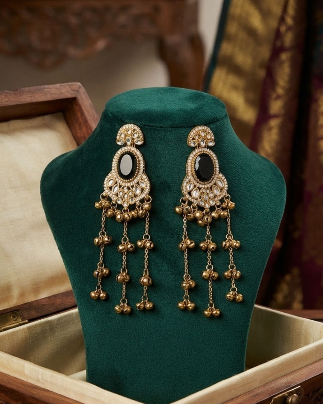 Black Onyx & Antique Gold Pearl Tassel Earrings