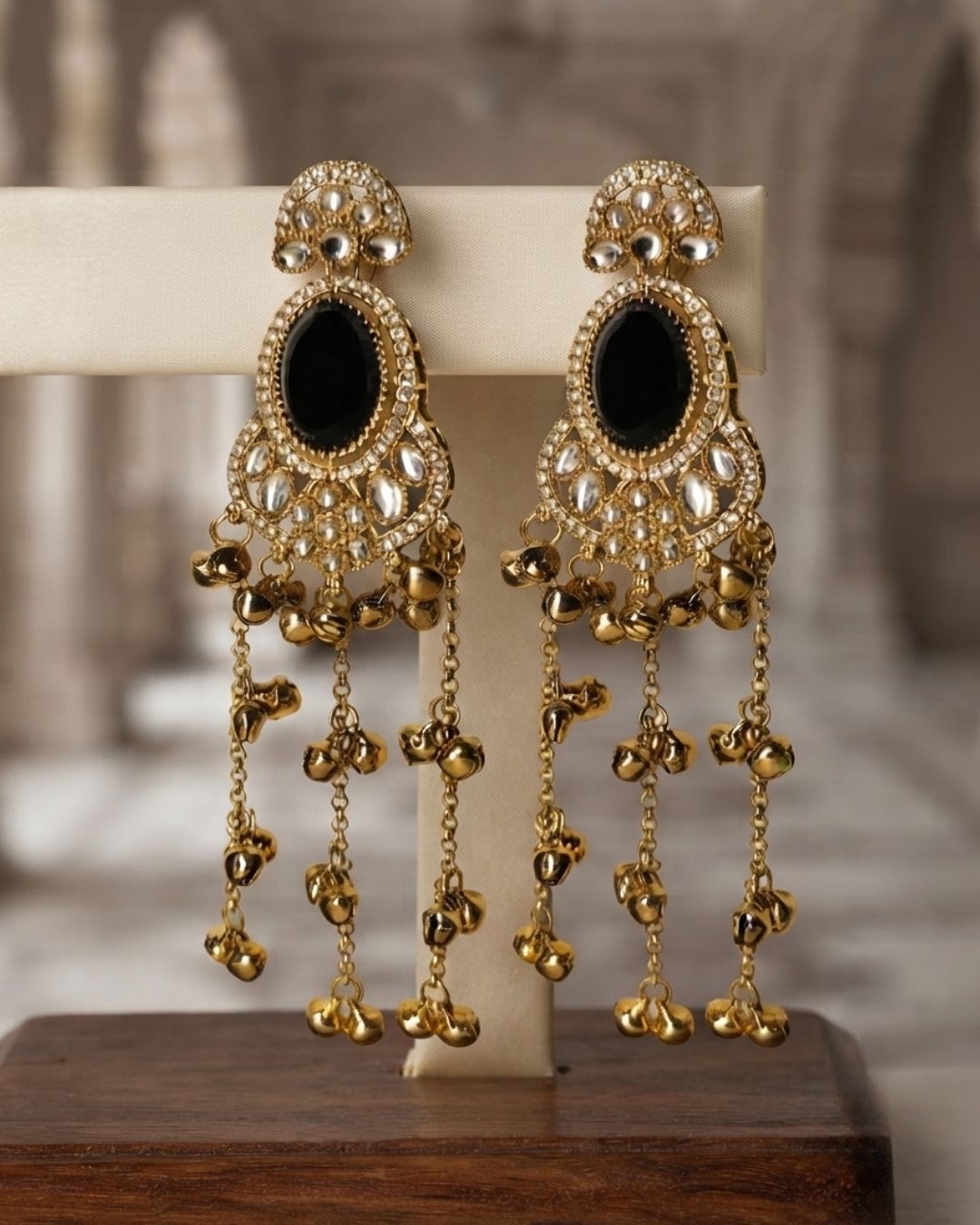 Black Onyx & Antique Gold Pearl Tassel Earrings