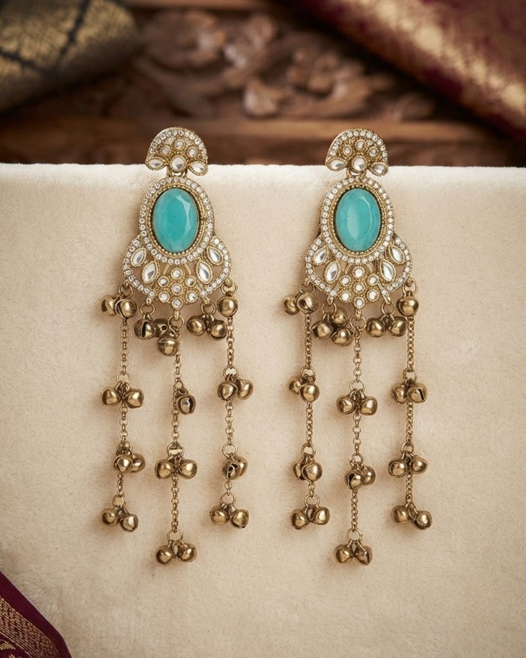 Turquoise Blue & Antique Gold Pearl Tassel Earrings