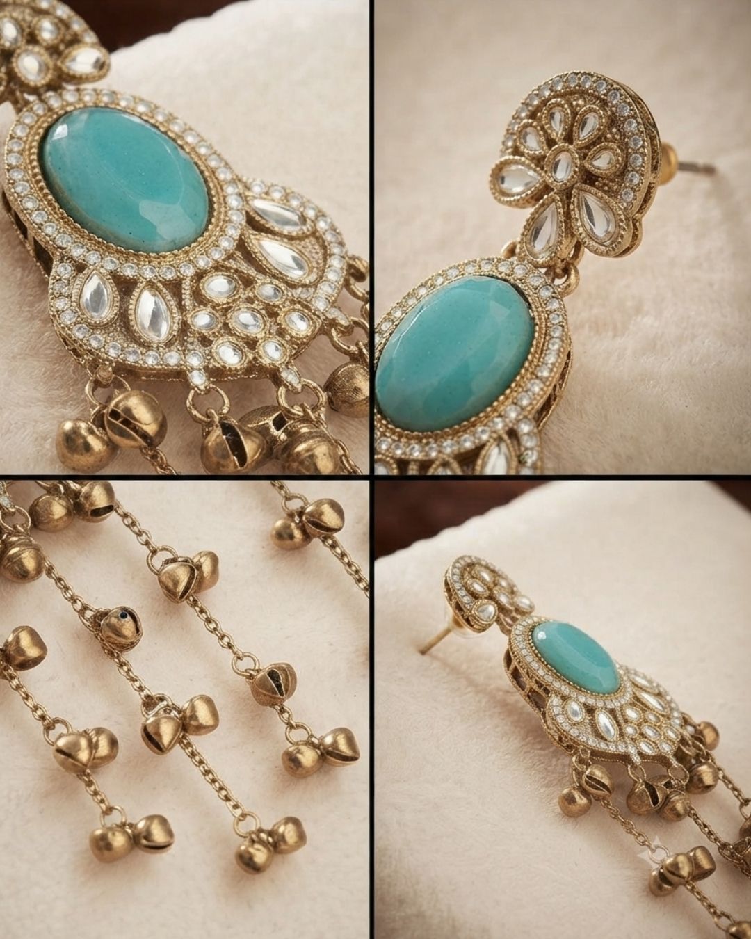 Turquoise Blue & Antique Gold Pearl Tassel Earrings