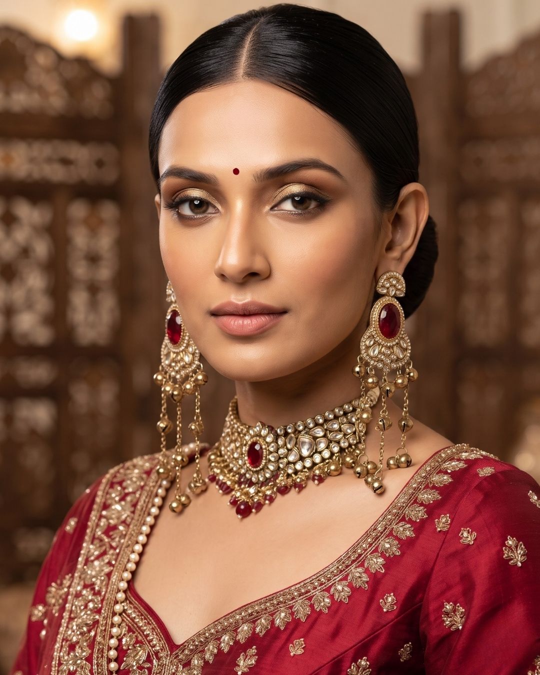 Ruby Red & Antique Gold Pearl Tassel Earrings