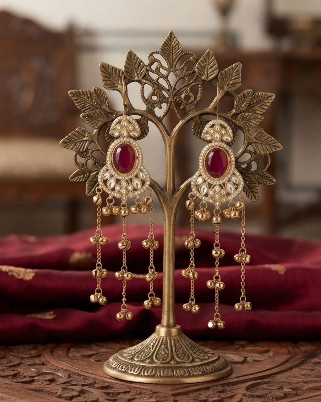 Ruby Red & Antique Gold Pearl Tassel Earrings
