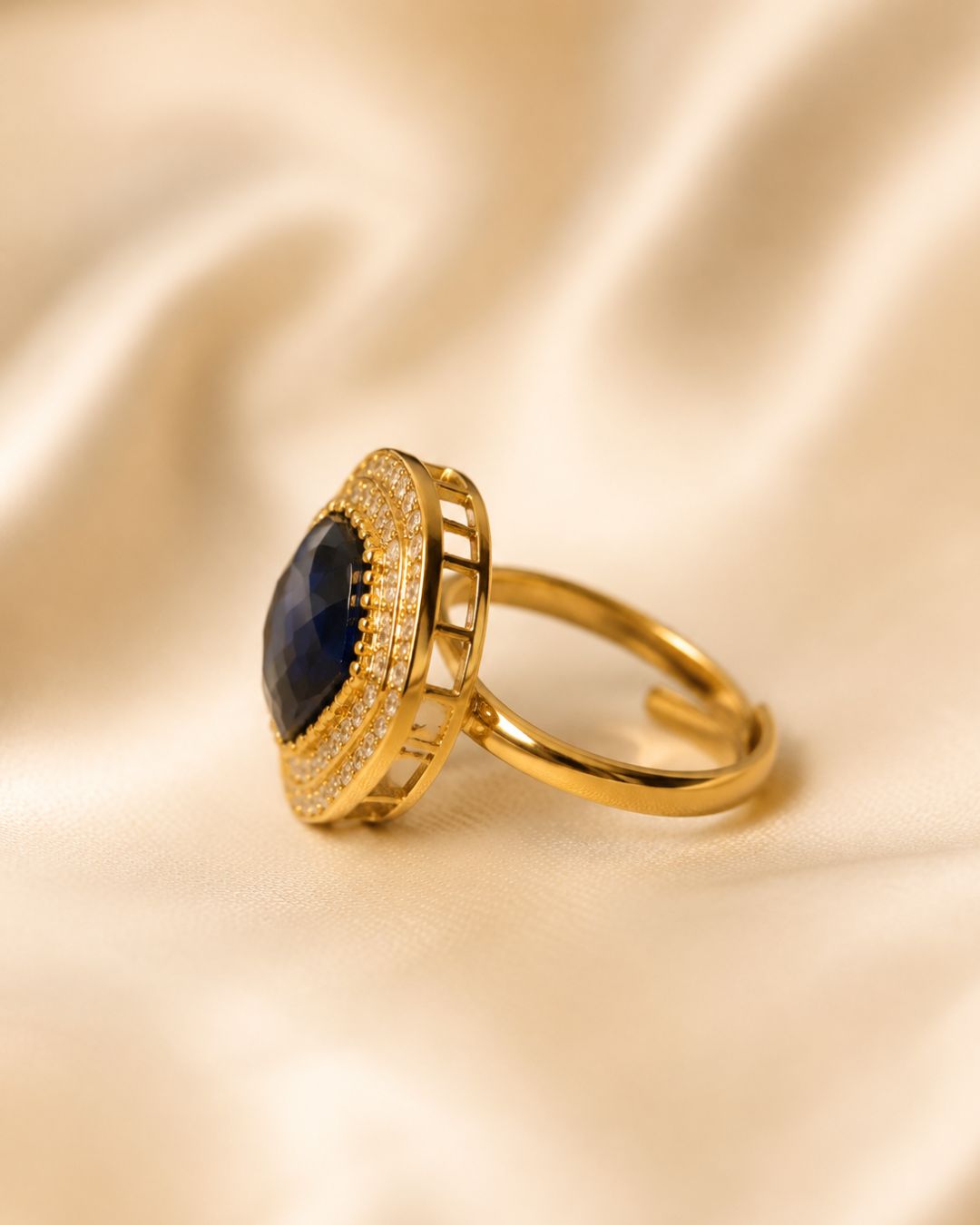 Royal Sapphire Blue Gold-Plated American Diamond Halo Ring