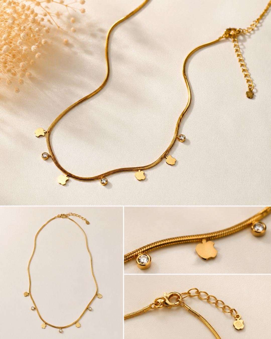 Gold-Plated Heart Charm Station Necklace