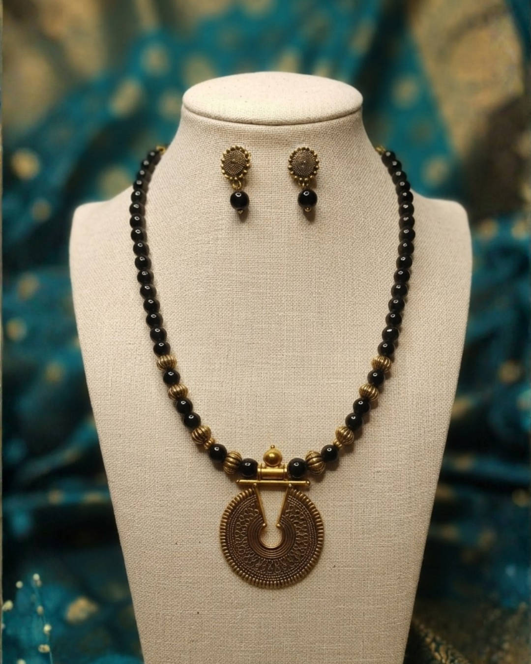 Antique Gold Coin Pendant Necklace Set with Red Beads